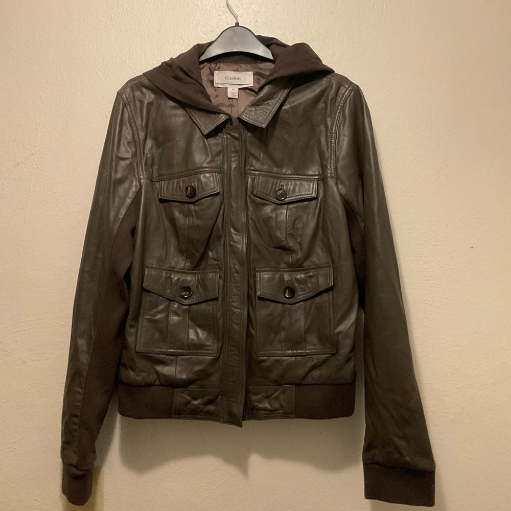 Women’s hooded, leather jacket, brown bomber jacket, - Picture 10 of 12